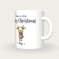Personalised Christmas Reindeer Mug, Merry Christmas, three-quarter view