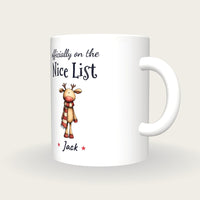 Personalised Christmas Reindeer Mug, On The Nice List, three-quarter view