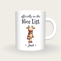 Personalised Christmas Reindeer Mug, On The Nice List, front