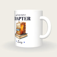 Personalised Quirky Book Shop Mug, Just One More Chapter, three-quarter view