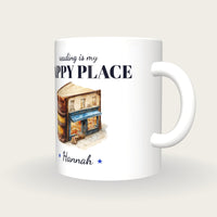 Personalised Quirky Book Shop Mug, Reading Is My Happy Place, three-quarter view