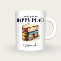Personalised Quirky Book Shop Mug, Reading Is My Happy Place, front