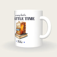 Personalised Quirky Book Shop Mug, So Many Books So Little Time, three-quarter view
