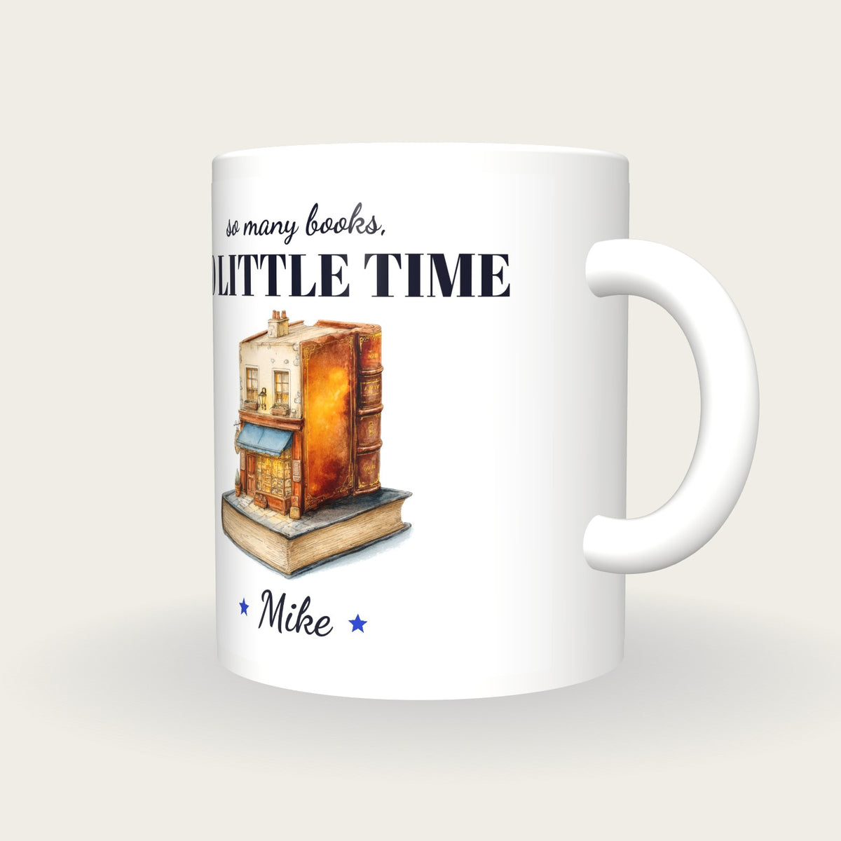 Personalised Quirky Book Shop Mug, So Many Books So Little Time, three-quarter view