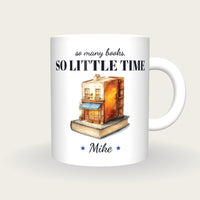 Personalised Quirky Book Shop Mug, So Many Books So Little Time, front