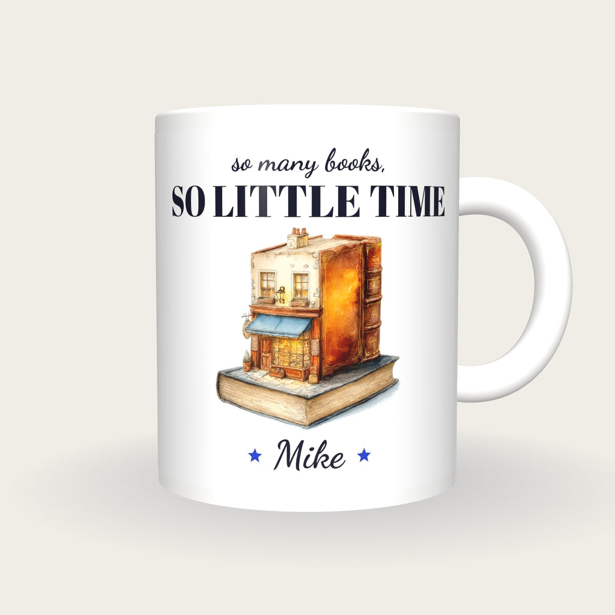 Personalised Quirky Book Shop Mug, So Many Books So Little Time, front