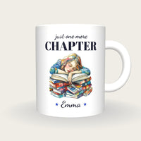 Personalised Asleep On A Good Book Mug, Just One More Chapter, front