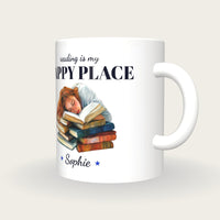 Personalised Asleep On A Good Book Mug, Reading Is My Happy Place, three-quarter view