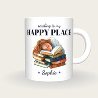 Personalised Asleep On A Good Book Mug, Reading Is My Happy Place, front