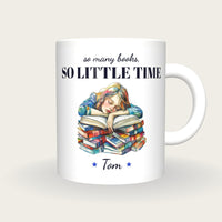 Personalised Asleep On A Good Book Mug, So Many Books So Little Time, front