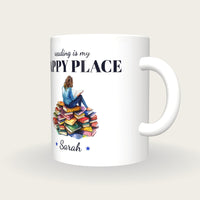 Personalised Book Lover Mug, Reading Is My Happy Place, three-quarter view