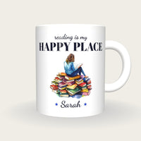 Personalised Book Lover Mug, Reading Is My Happy Place, front