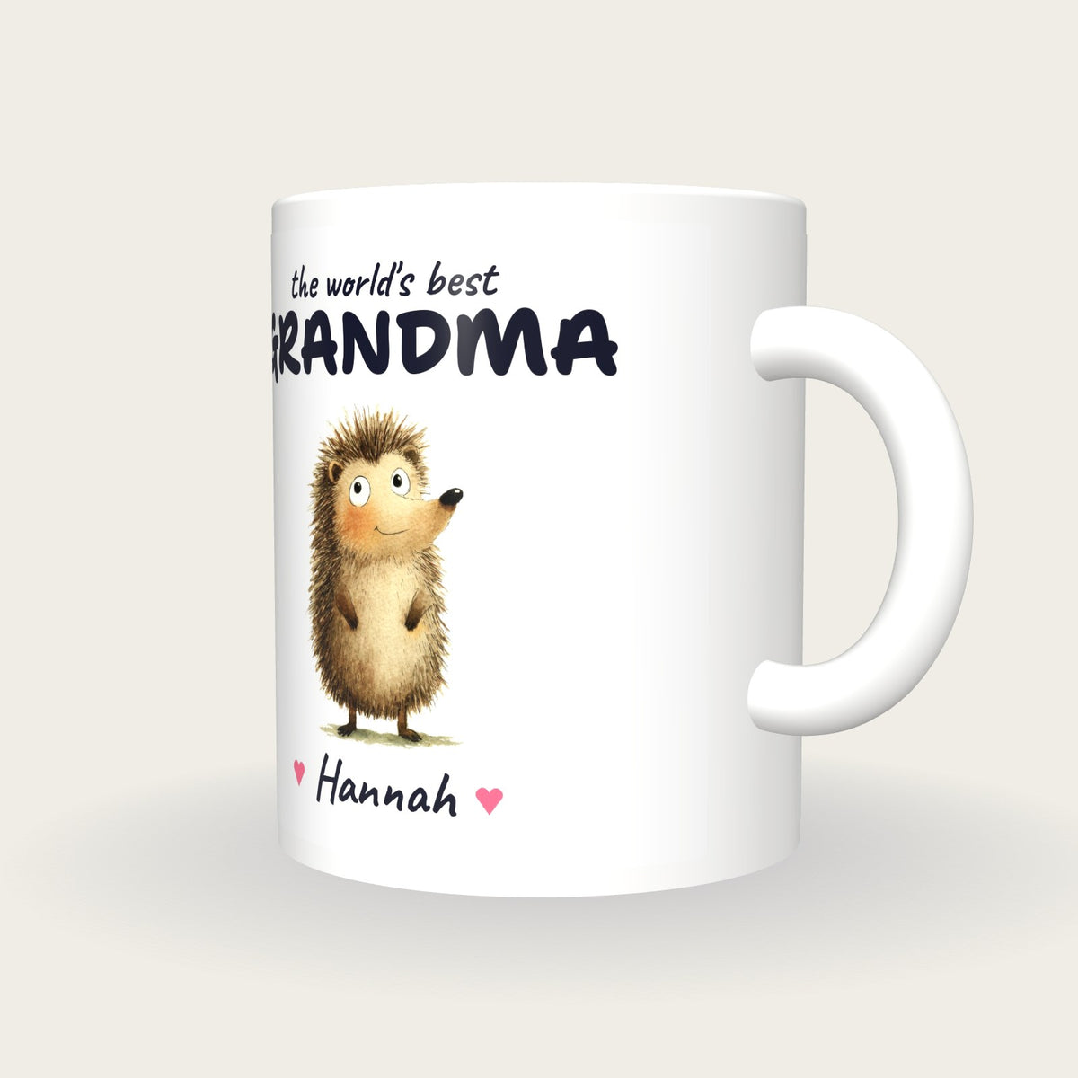 Personalised Hedgehog Mug, Best Grandma, three-quarter view