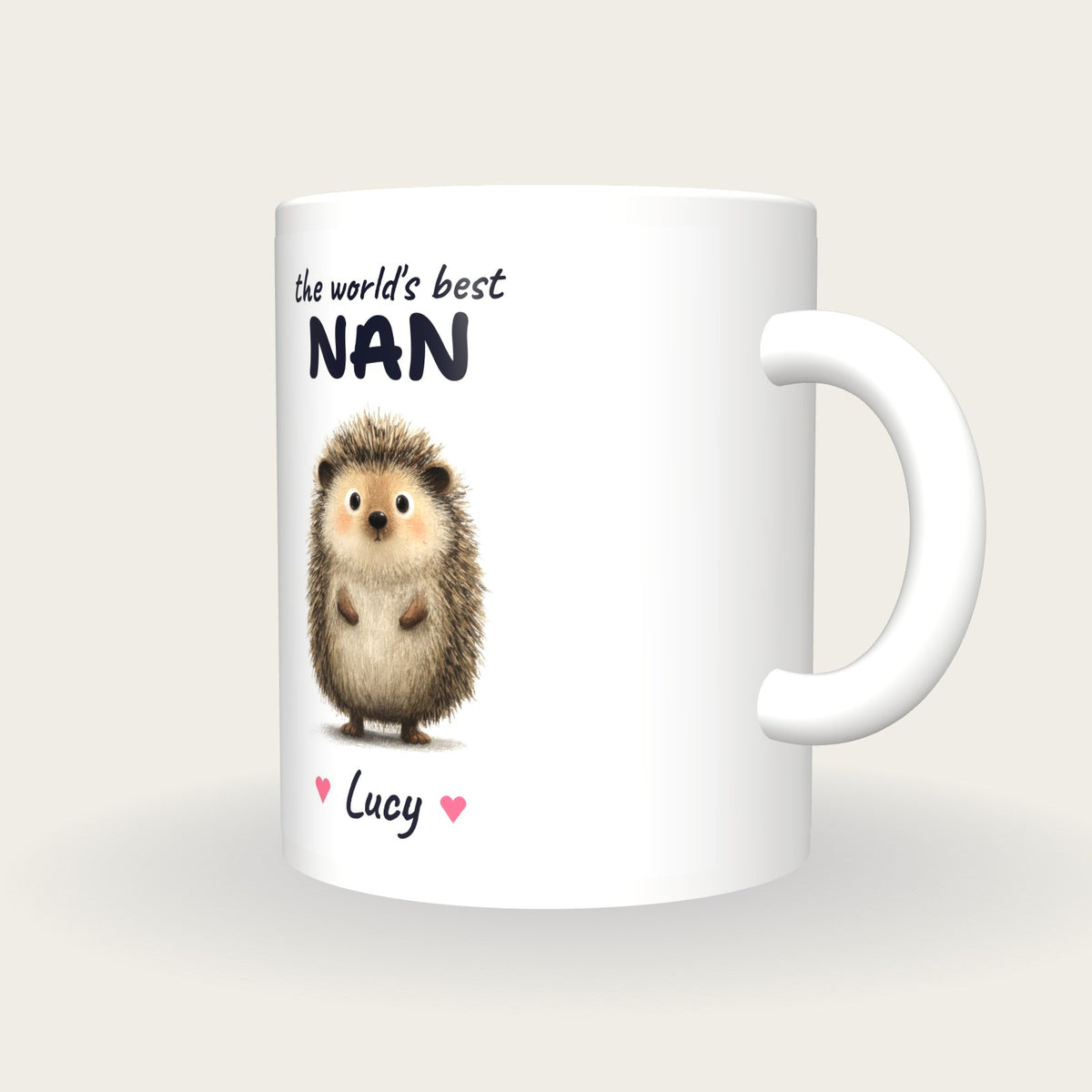 Personalised Hedgehog Mug, Best Nan, three-quarter view