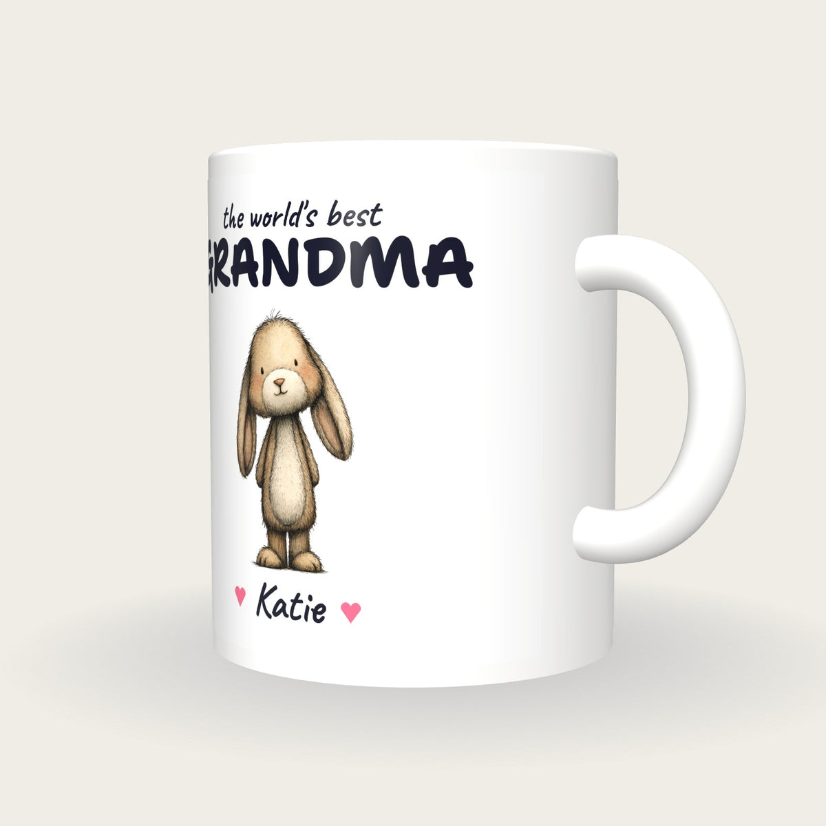 Personalised Rabbit Mug, Best Grandma, three-quarter view