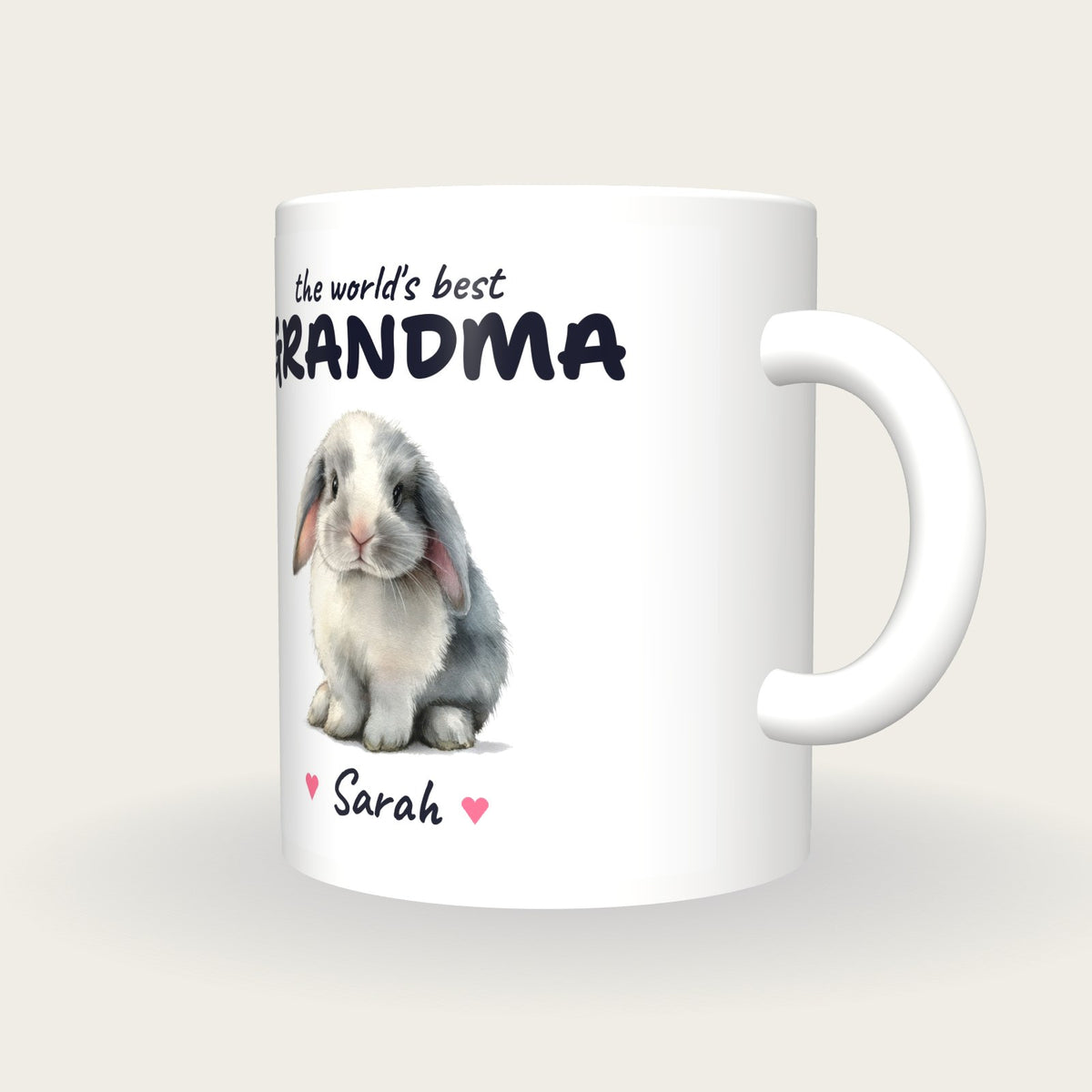Personalised Bunny Mug, Best Grandma, three-quarter view
