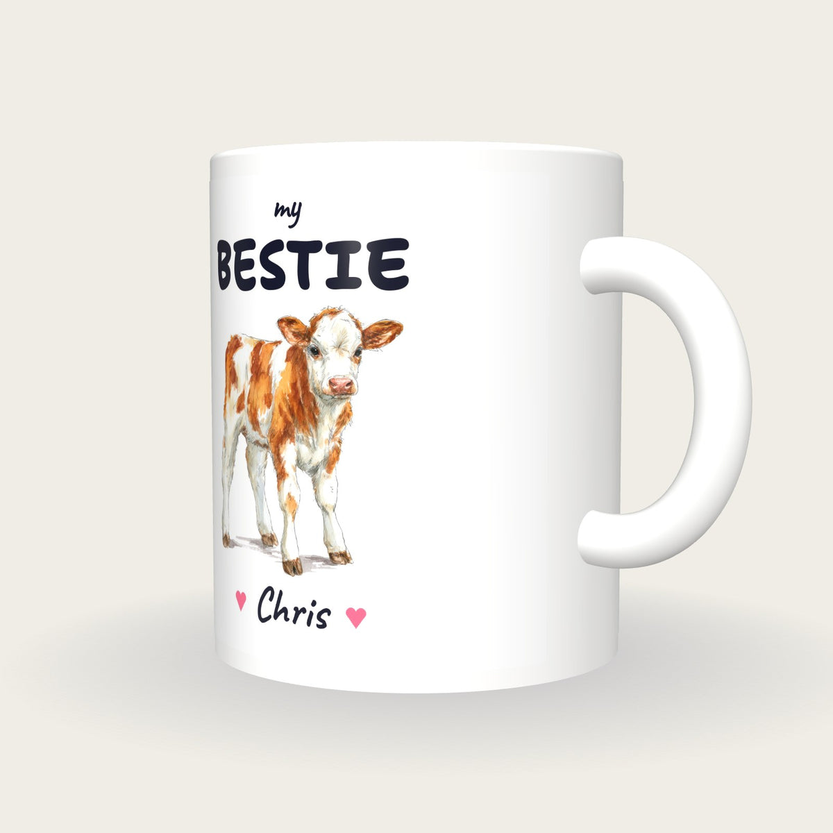 Personalised Calf Mug, My Bestie, three-quarter view