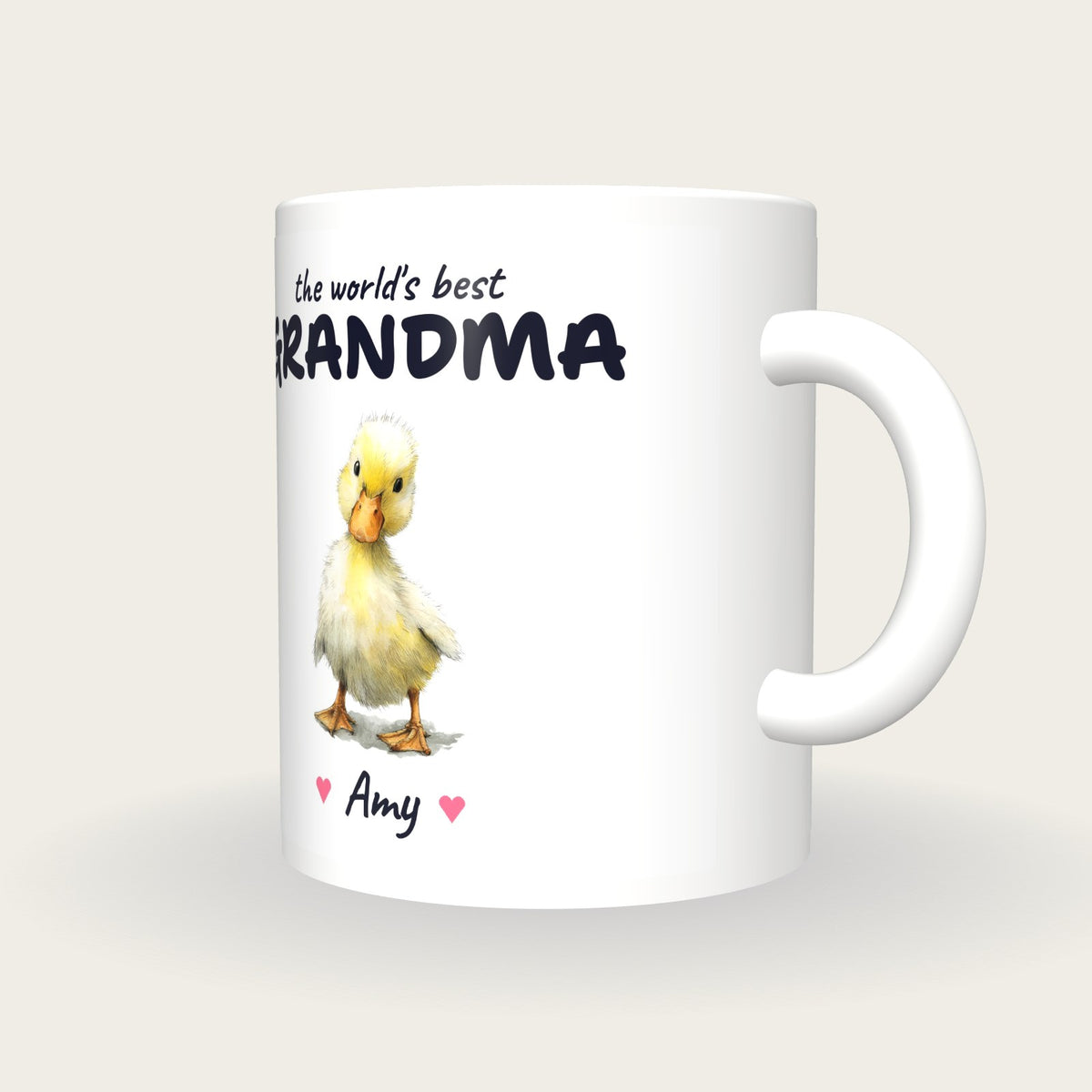 Personalised Duckling Mug, Best Grandma, three-quarter view