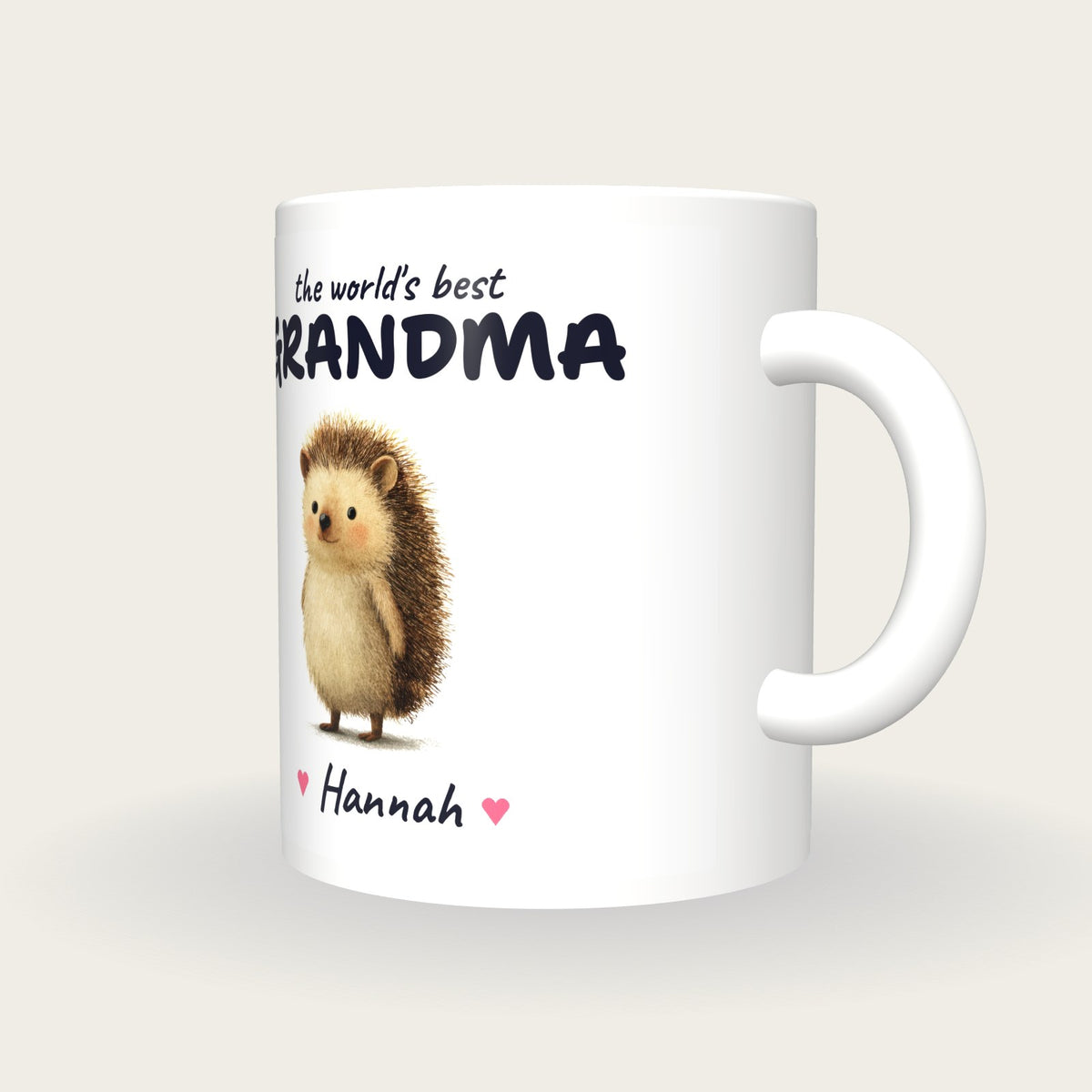 Personalised Hedgehog Mug, Best Grandma, three-quarter view