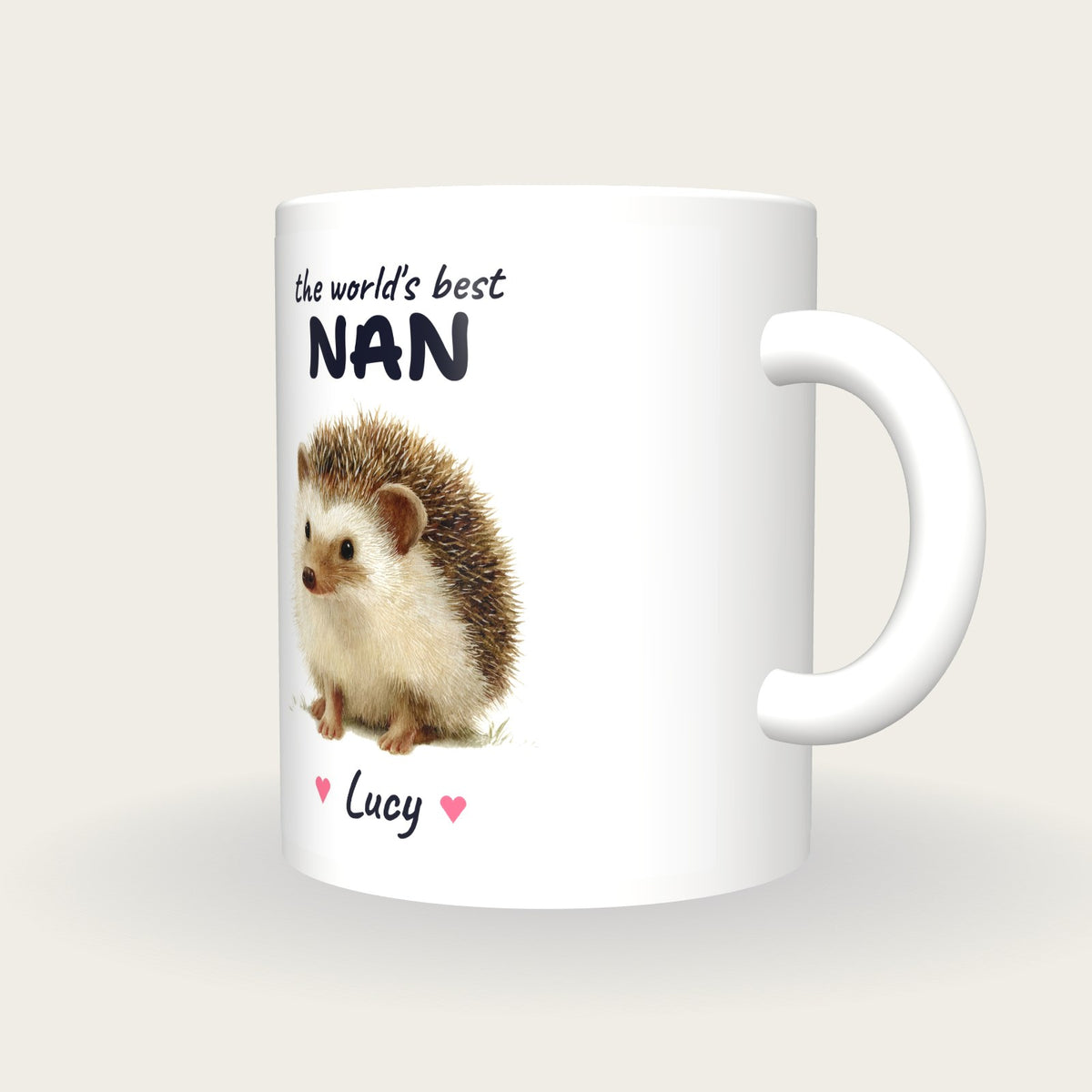 Personalised Hedgehog Mug, Best Nan, three-quarter view