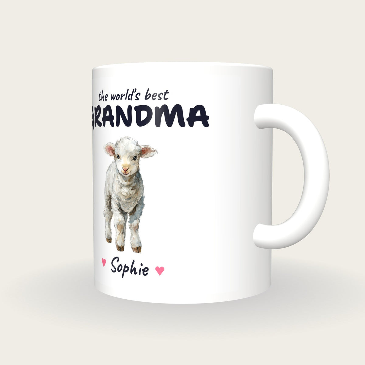Personalised Lamb Mug, Best Grandma, three-quarter view