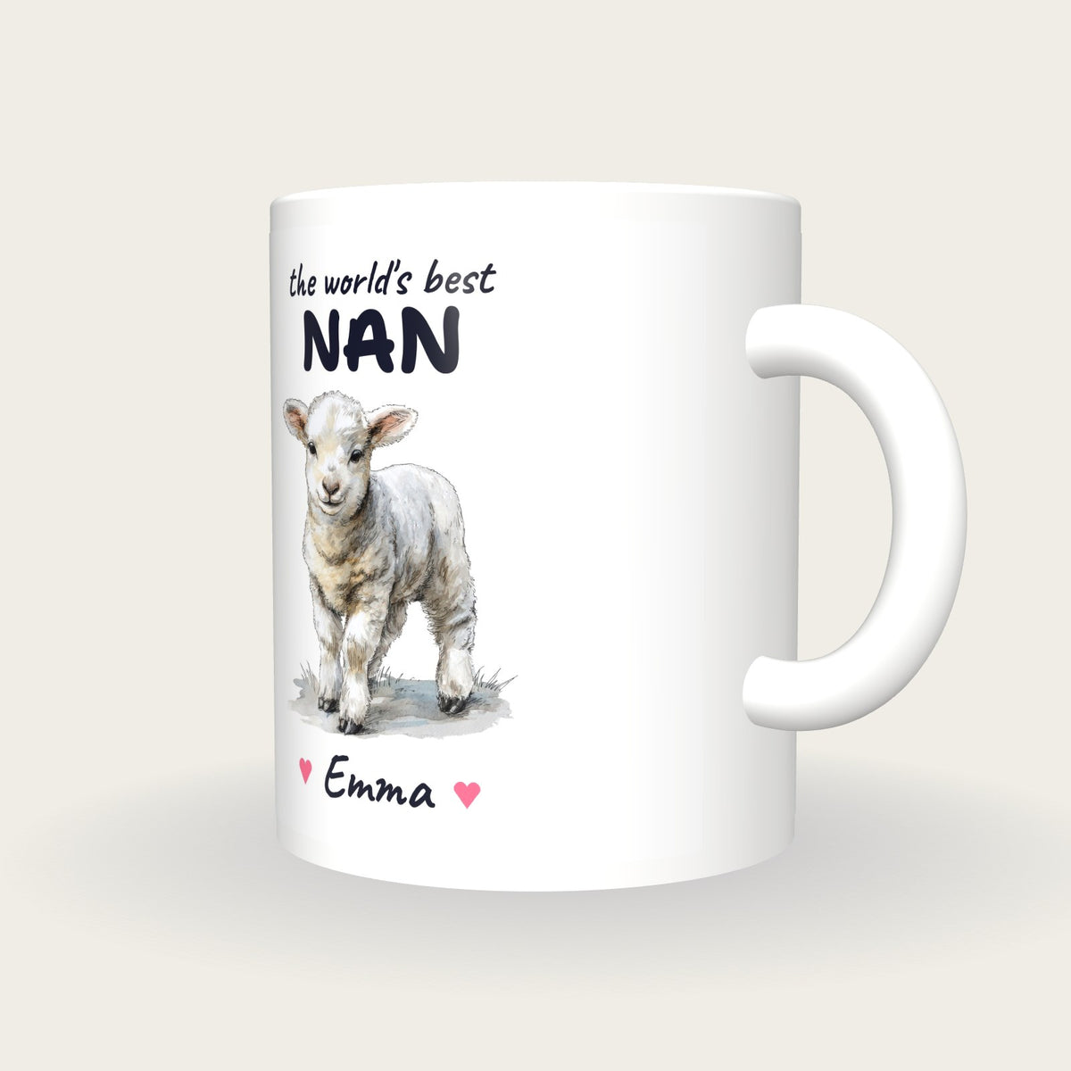 Personalised Lamb Mug, Best Nan, three-quarter view