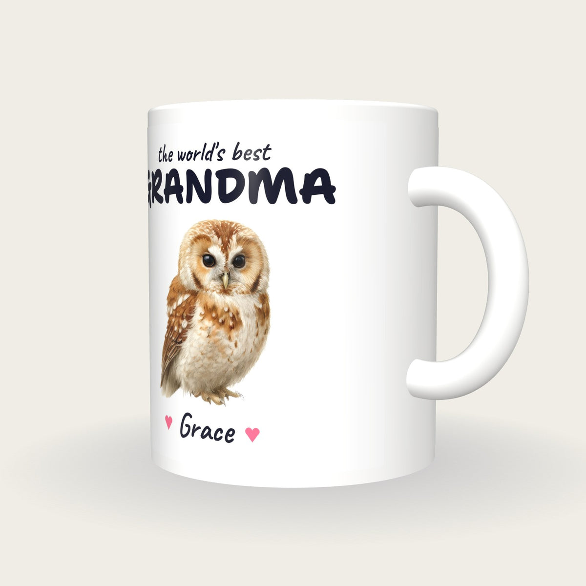 Personalised Owl Mug, Best Grandma, three-quarter view