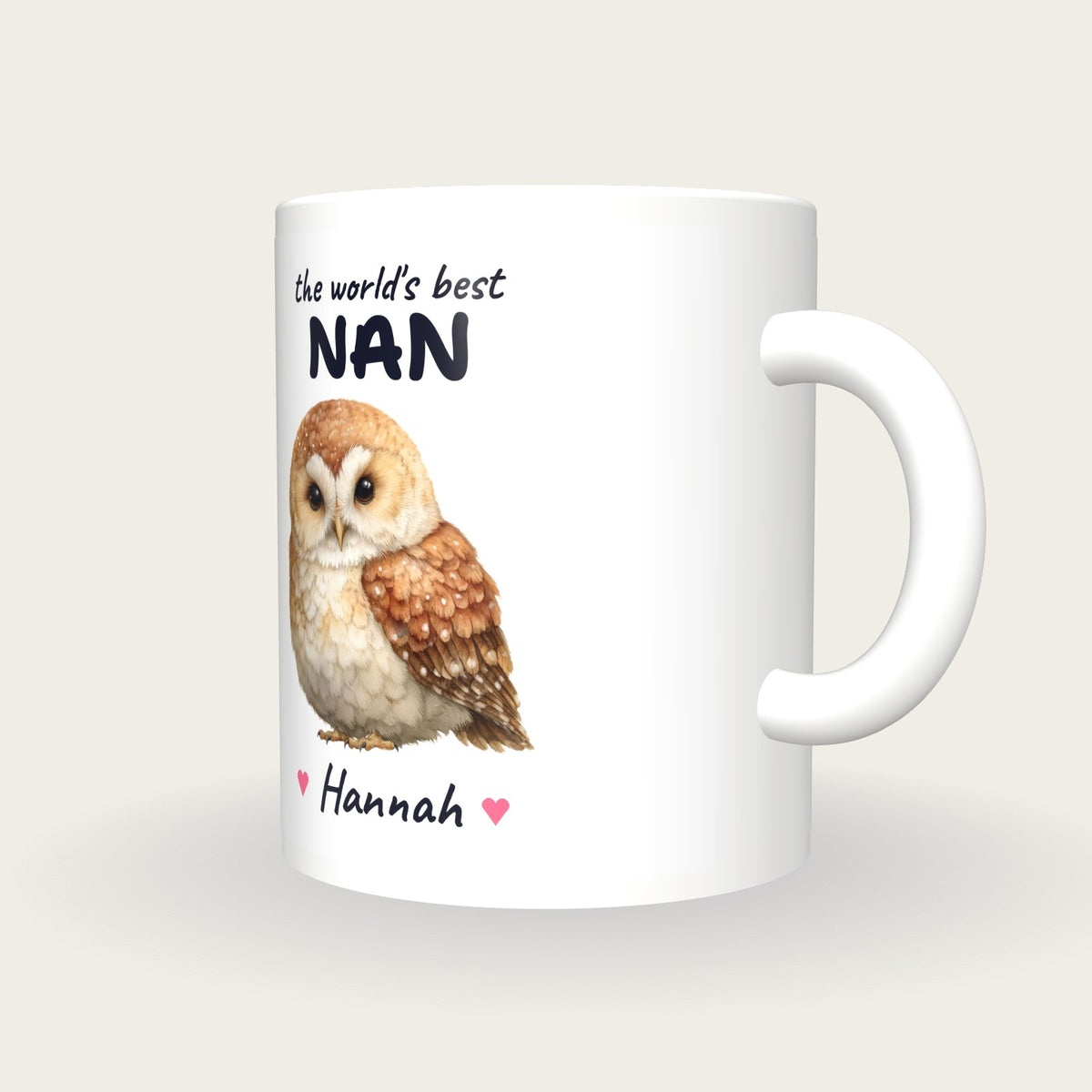 Personalised Owl Mug, Best Nan, three-quarter view