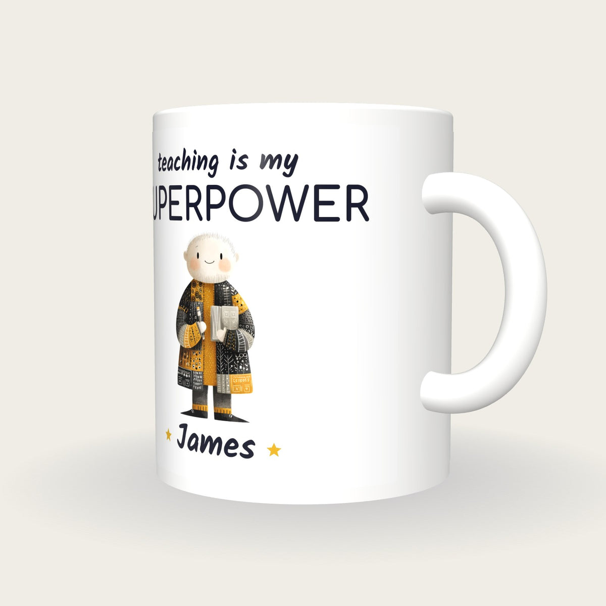 Personalised Teacher Mug, Teaching Is My Superpower, three-quarter view