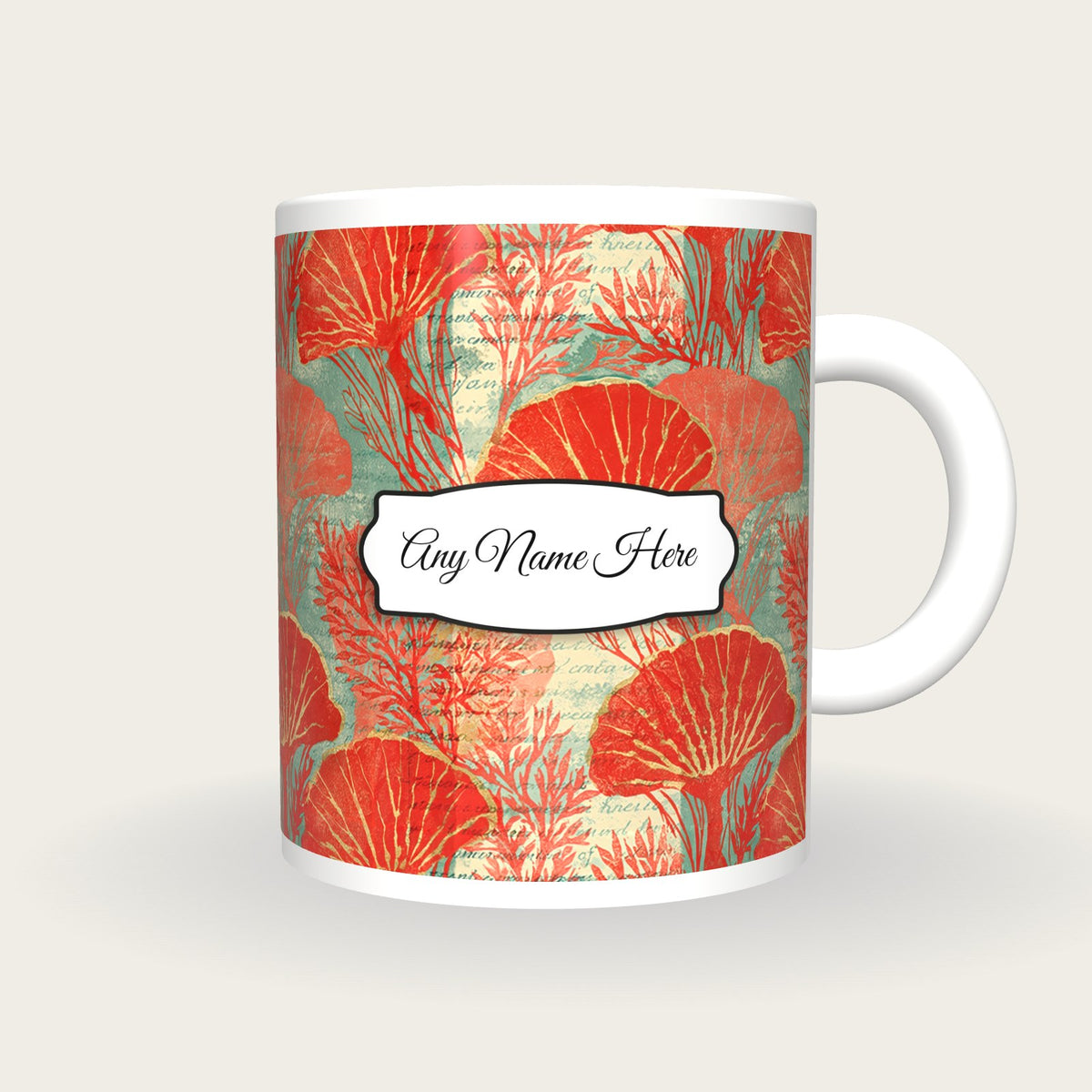 Woodblock Jellyfish Seaweed Name Mug, front with the name label