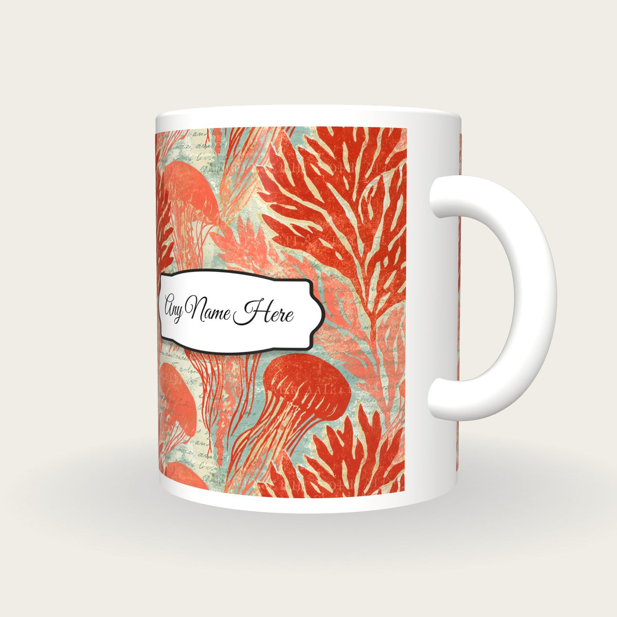 Woodblock Jellyfish Seaweed Name Mug 3, three-quarter view