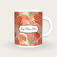 Woodblock Jellyfish Seaweed Name Mug 3, front with the name label