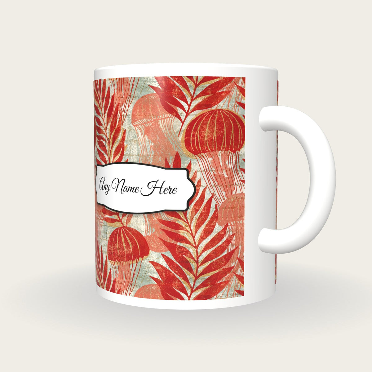 Woodblock Jellyfish Seaweed Name Mug 2, three-quarter view