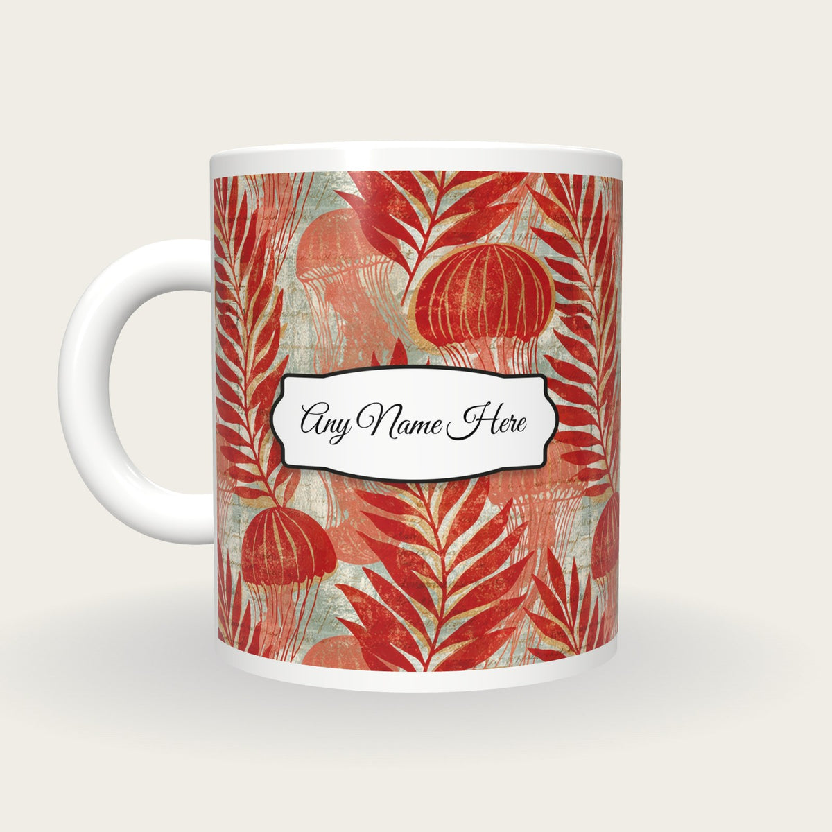 Woodblock Jellyfish Seaweed Name Mug 2, back with the second name label