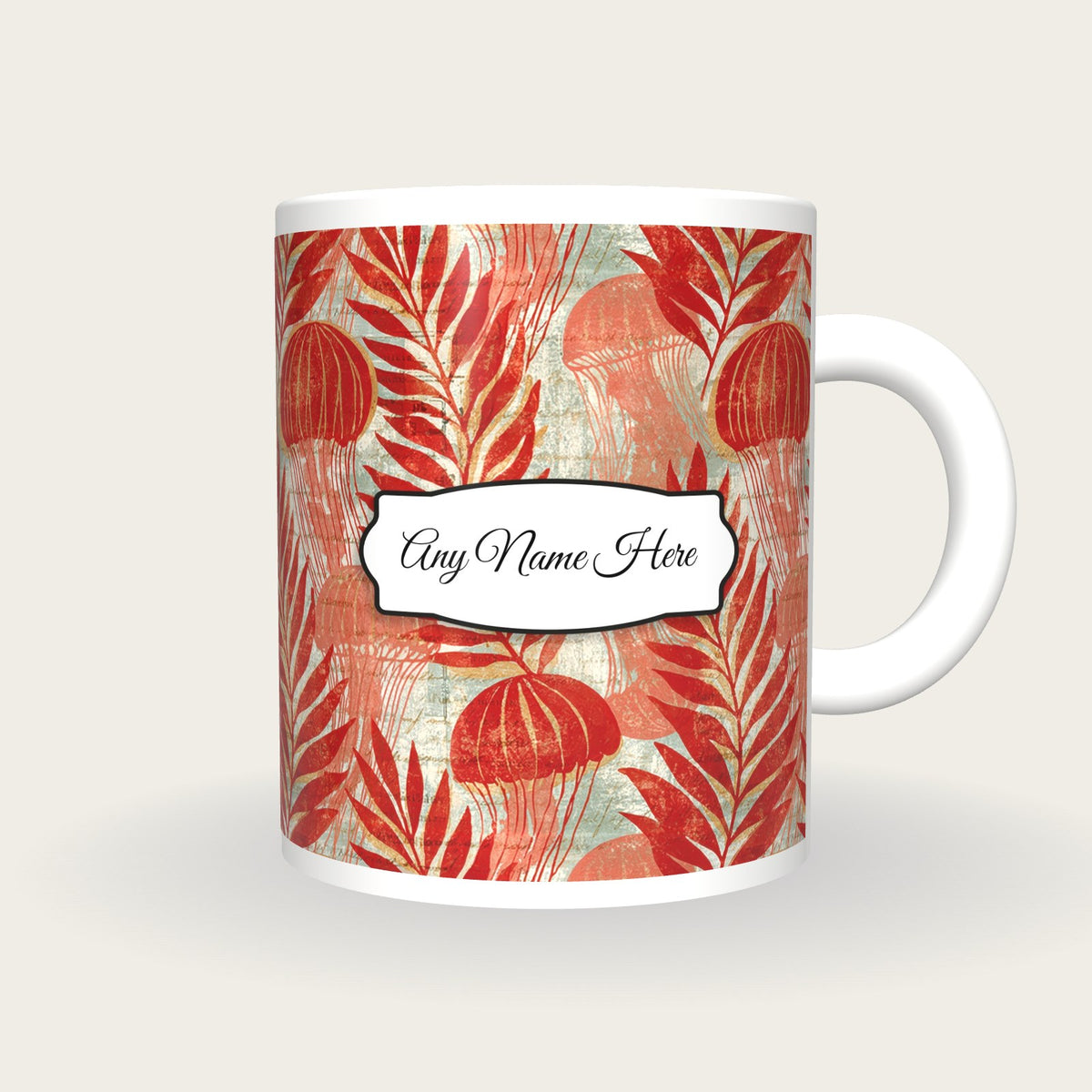 Woodblock Jellyfish Seaweed Name Mug 2, front with the name label
