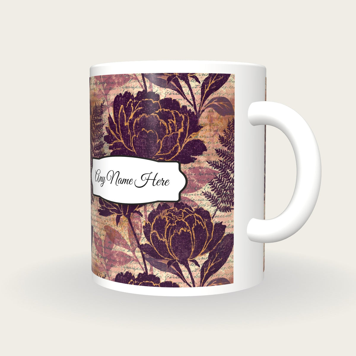 Woodblock Peony Name Mug, three-quarter view