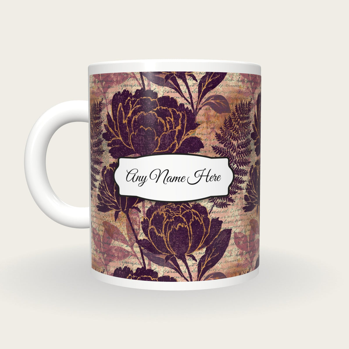 Woodblock Peony Name Mug, back with the second name label
