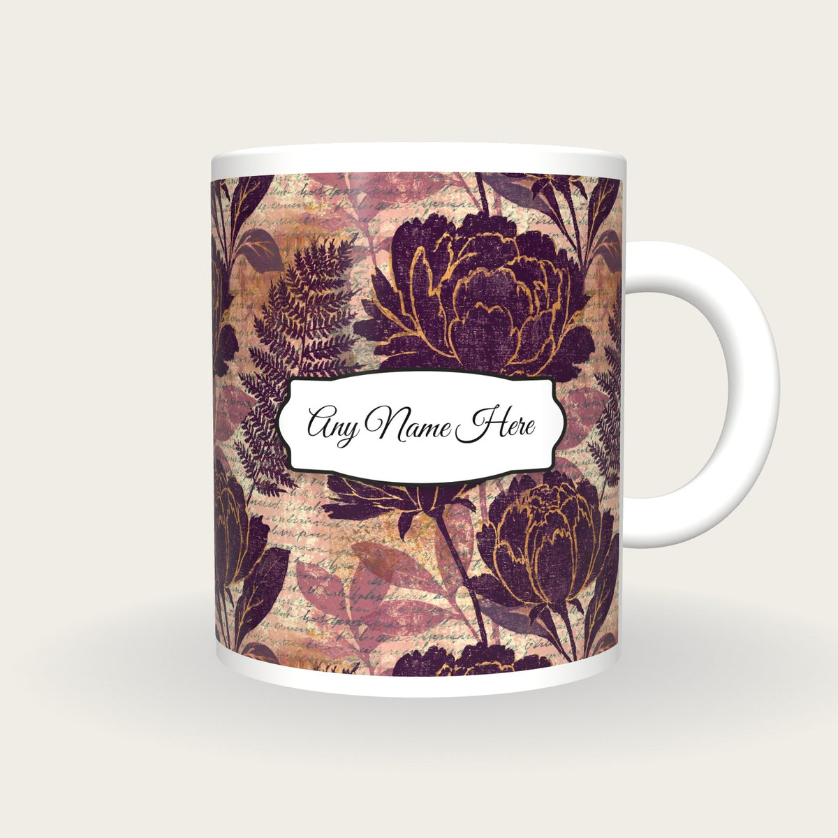 Woodblock Peony Name Mug, front with the name label