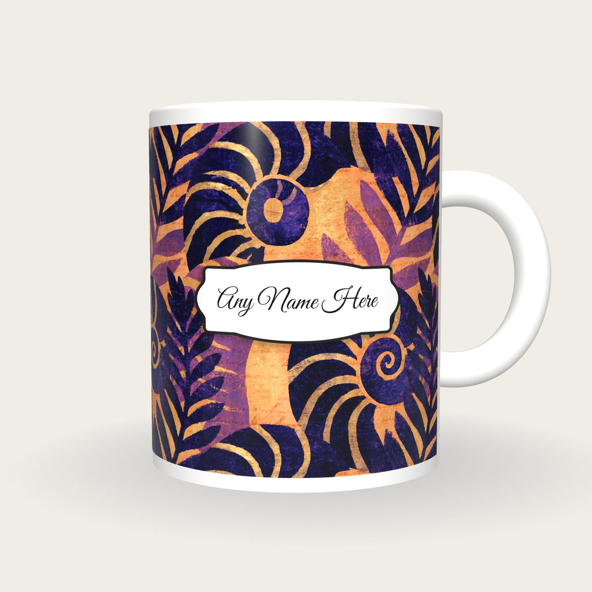 Woodblock Nautilus Name Mug, front with the name label