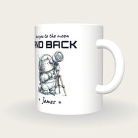 Personalised Astronaut Cat Mug, Love You To The Moon And Back, three-quarter view