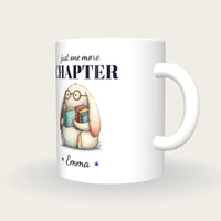 Personalised Bookworm Bunny Mug, Just One More Chapter, three-quarter view