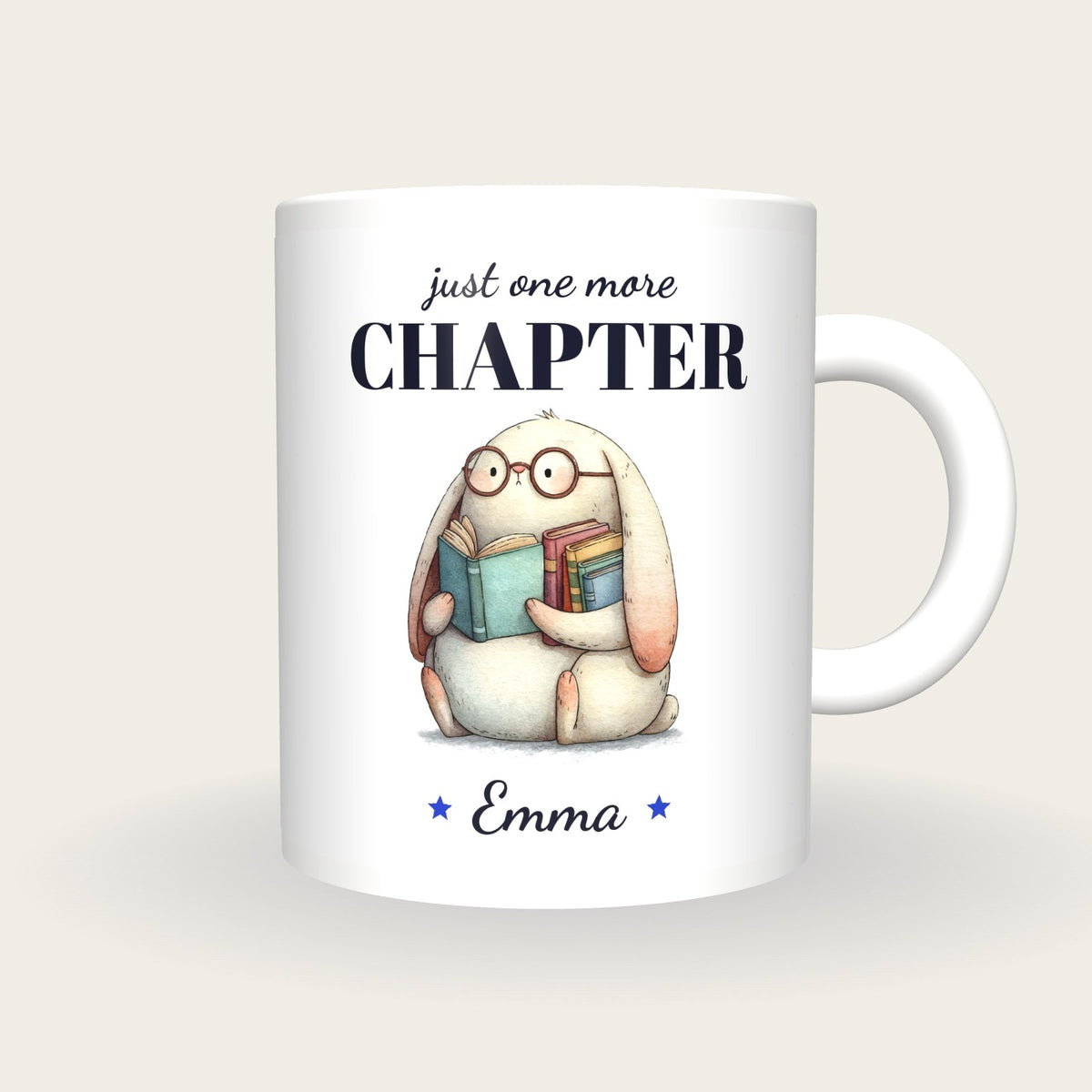 Personalised Bookworm Bunny Mug, Just One More Chapter, front