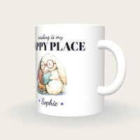 Personalised Bookworm Bunny Mug, Reading Is My Happy Place, three-quarter view