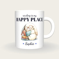 Personalised Bookworm Bunny Mug, Reading Is My Happy Place, front