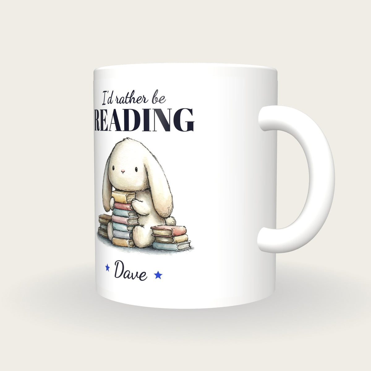 Personalised Bookworm Bunny Mug, I'd Rather Be Reading, three-quarter view
