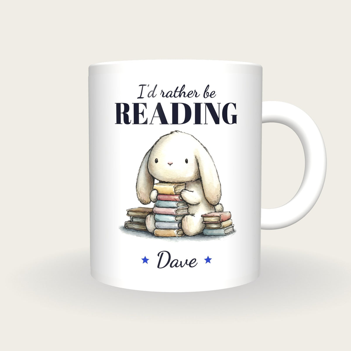 Personalised Bookworm Bunny Mug, I'd Rather Be Reading, front