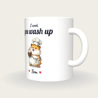 Personalised Chef Hamster Mug, I Cook You Wash Up, three-quarter view