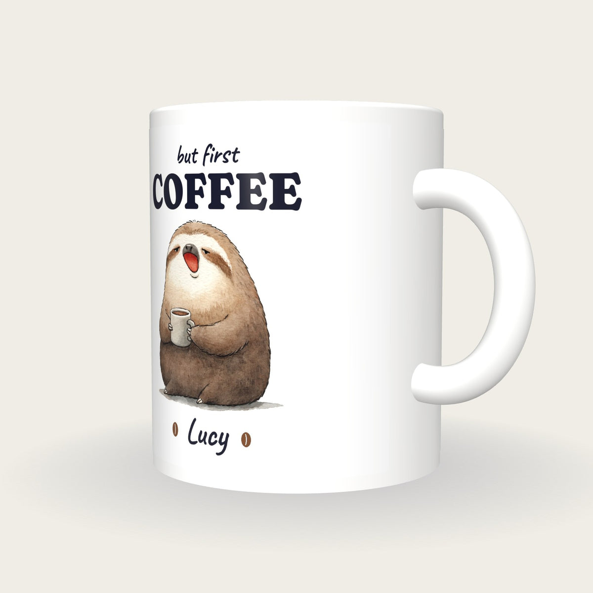 Personalised Coffee Sloth Mug, But First Coffee, three-quarter view