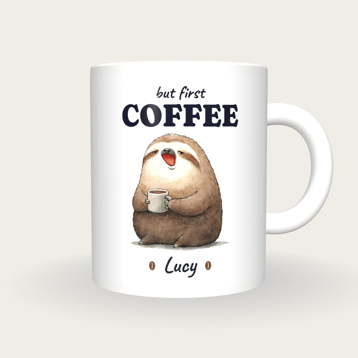 Personalised Coffee Sloth Mug, But First Coffee, front