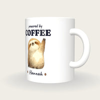 Personalised Coffee Sloth Mug, Powered By Coffee, three-quarter view